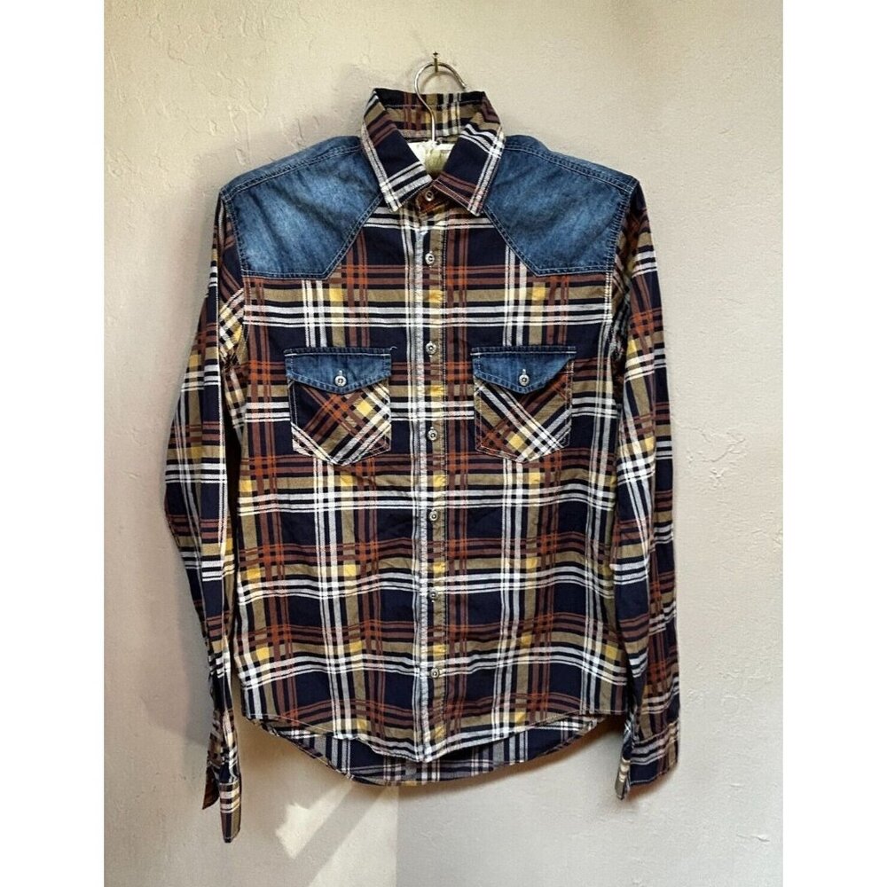 The Zara Man Denim Collection Checkered Casual Button Up Shirt Small Navy